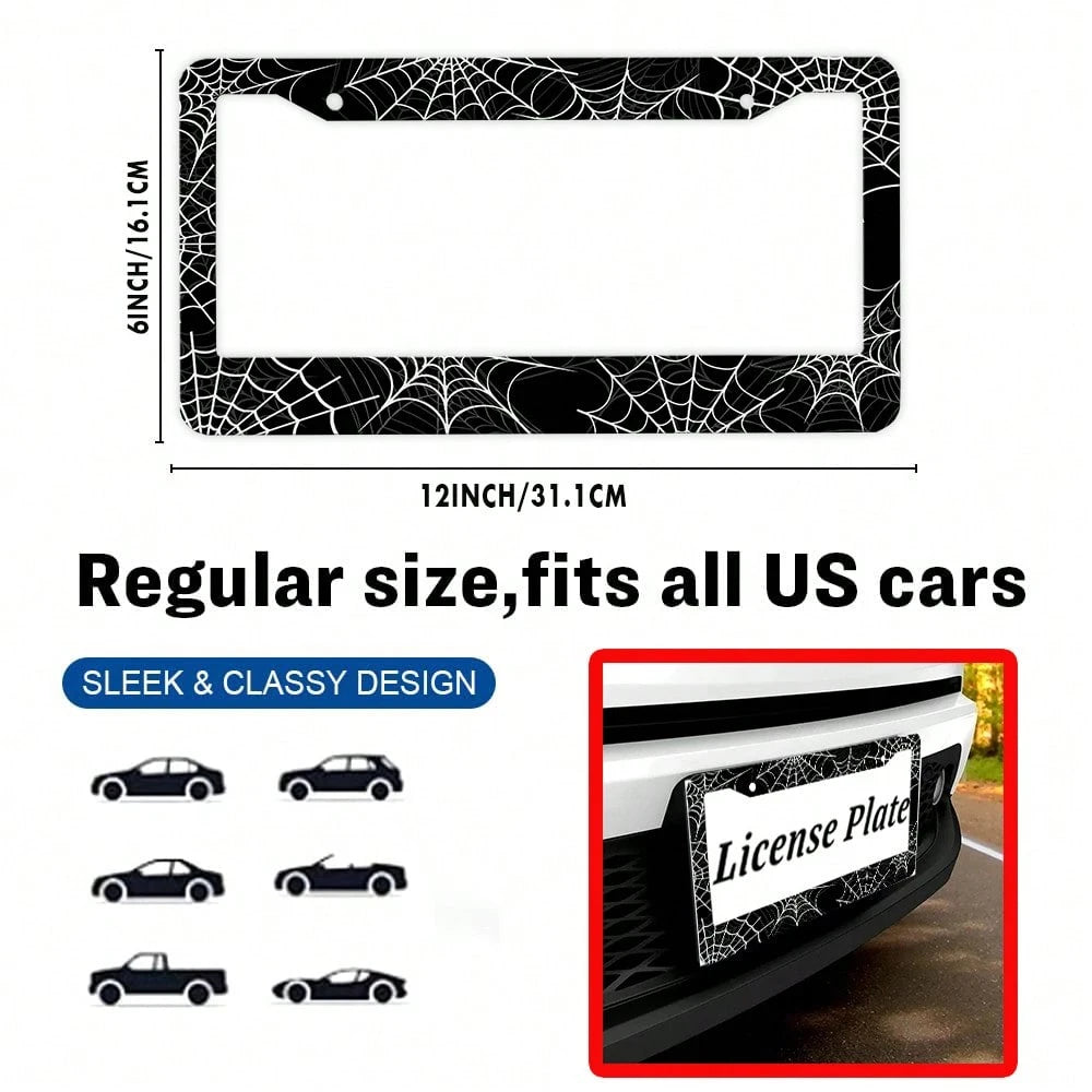 1PC Black And White Spider Web License Plate Frame, Cool Novelty License Plate Frame Metal License Plate Holder US Vehicles Standard Size12x6 Inch