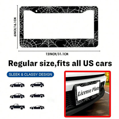 1PC Black And White Spider Web License Plate Frame, Cool Novelty License Plate Frame Metal License Plate Holder US Vehicles Standard Size12x6 Inch