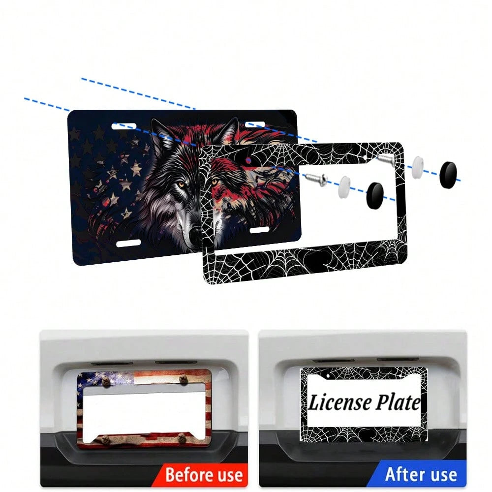 1PC Black And White Spider Web License Plate Frame, Cool Novelty License Plate Frame Metal License Plate Holder US Vehicles Standard Size12x6 Inch