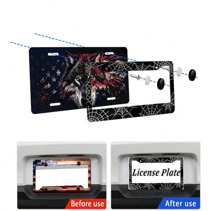 1PC Black And White Spider Web License Plate Frame, Cool Novelty License Plate Frame Metal License Plate Holder US Vehicles Standard Size12x6 Inch