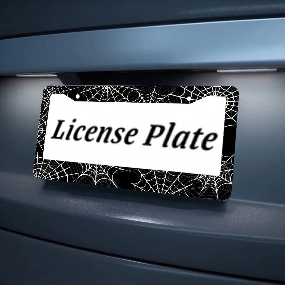 1PC Black And White Spider Web License Plate Frame, Cool Novelty License Plate Frame Metal License Plate Holder US Vehicles Standard Size12x6 Inch
