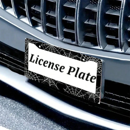 1PC Black And White Spider Web License Plate Frame, Cool Novelty License Plate Frame Metal License Plate Holder US Vehicles Standard Size12x6 Inch