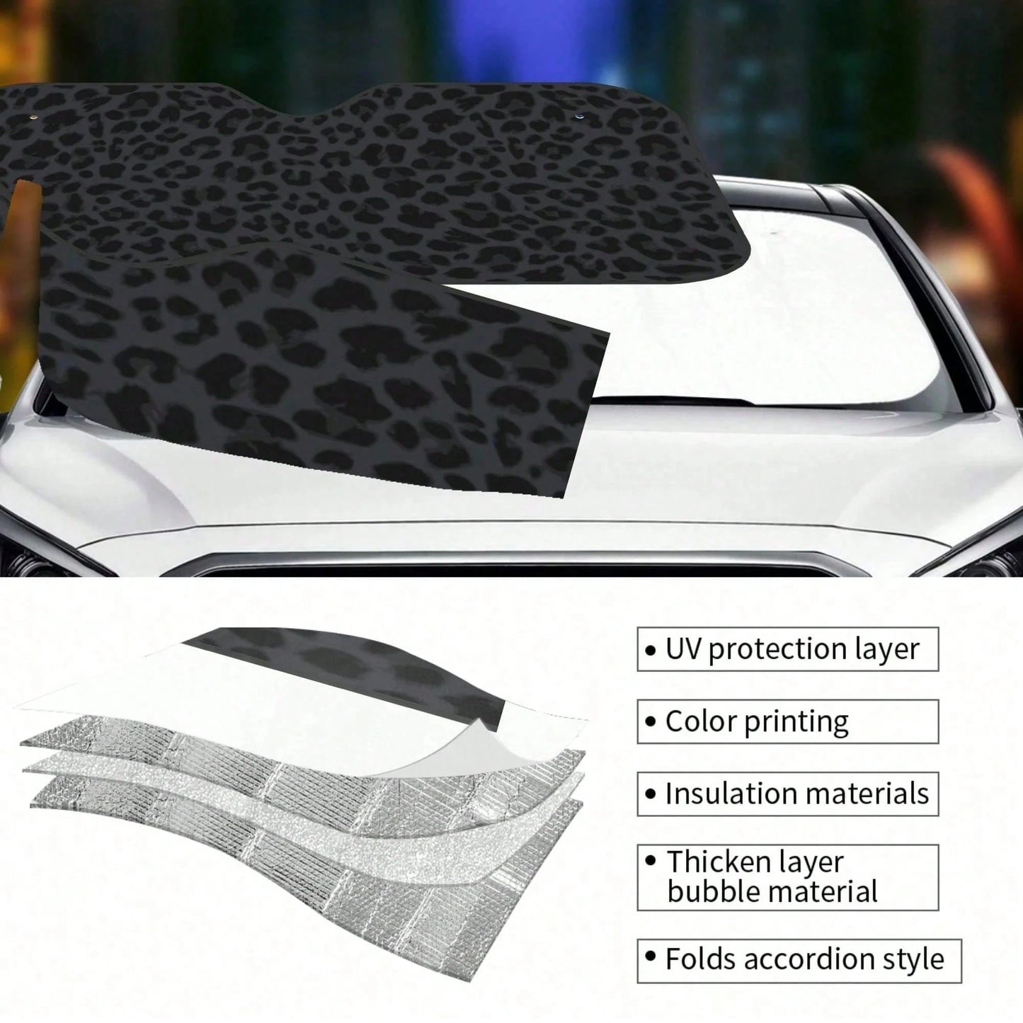 1pc Black Leopard Print Car Sunshade, Front Windshield Sunshade, Keeps Car Interior Cool, Suitable For SUV And Sedan