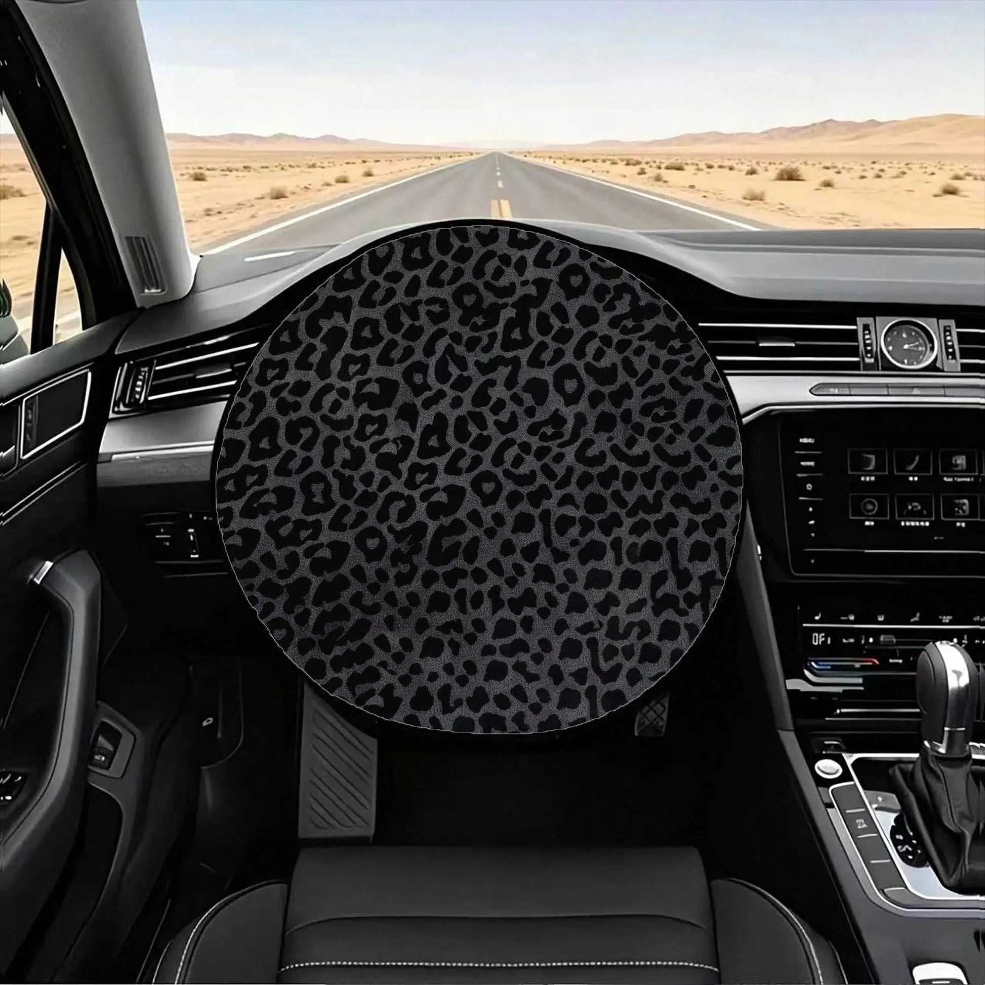1pc Black Leopard Print Steering Wheel Sun Shade, Summer UV Protection, Keeps Steering Wheel Cool, Universal Thickened Sun Shade, Suitable For Car Interior Steering Wheel Cooling