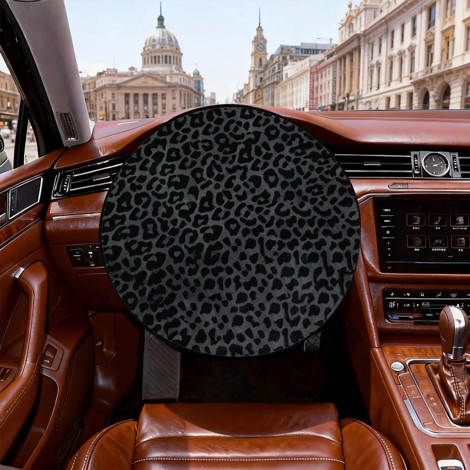 1pc Black Leopard Print Steering Wheel Sun Shade, Summer UV Protection, Keeps Steering Wheel Cool, Universal Thickened Sun Shade, Suitable For Car Interior Steering Wheel Cooling