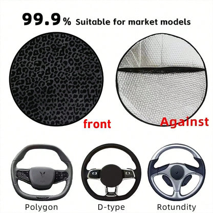 1pc Black Leopard Print Steering Wheel Sun Shade, Summer UV Protection, Keeps Steering Wheel Cool, Universal Thickened Sun Shade, Suitable For Car Interior Steering Wheel Cooling