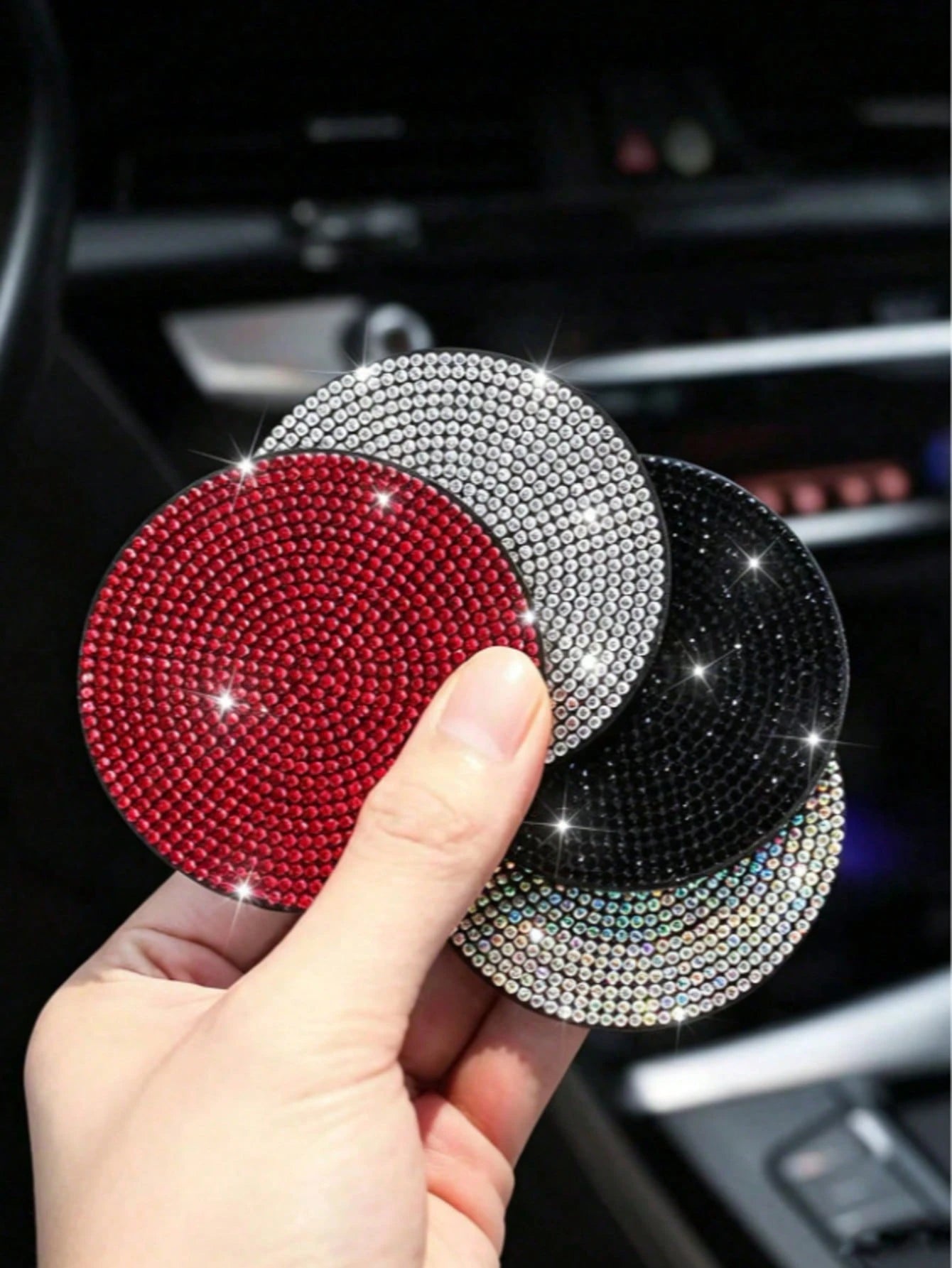 1PC Black Rhinestone Silicone Car Cup Holder Coaster, Artificial Diamond Car Interior Decoration, Non-Slip Storage Slot Door Pocket Mat