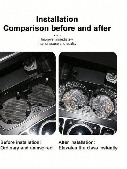 1PC Black Rhinestone Silicone Car Cup Holder Coaster, Artificial Diamond Car Interior Decoration, Non-Slip Storage Slot Door Pocket Mat