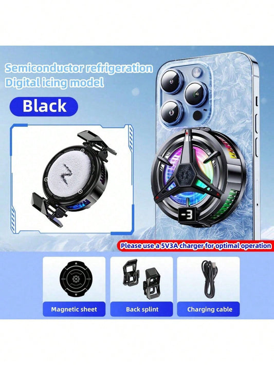 1pc Black Semiconductor Cooling Icing Phone Cooler Fan With Digital Display, Magnetic Adsorption, Compatible With Android & IOS Phones, Tablets, Gaming, Live Streaming, RGB Lights, 5V 3A Cooling Techn