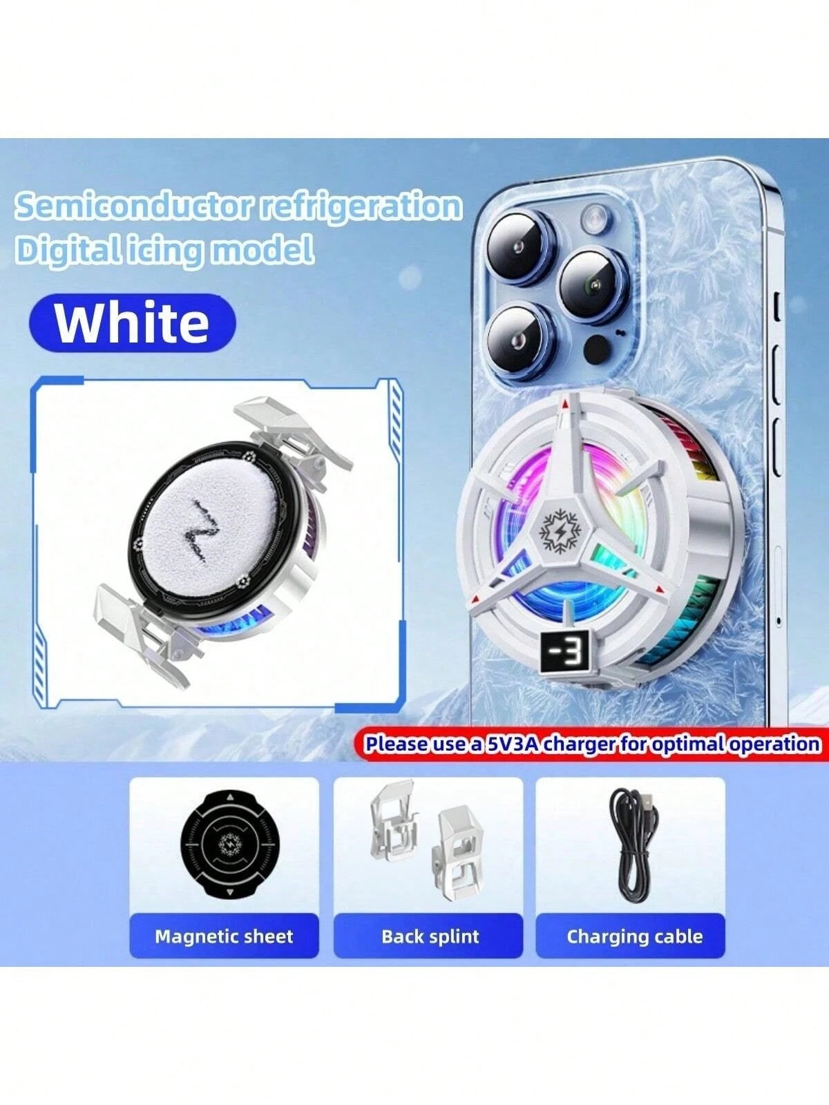 1pc Black Semiconductor Cooling Icing Phone Cooler Fan With Digital Display, Magnetic Adsorption, Compatible With Android & IOS Phones, Tablets, Gaming, Live Streaming, RGB Lights, 5V 3A Cooling Techn