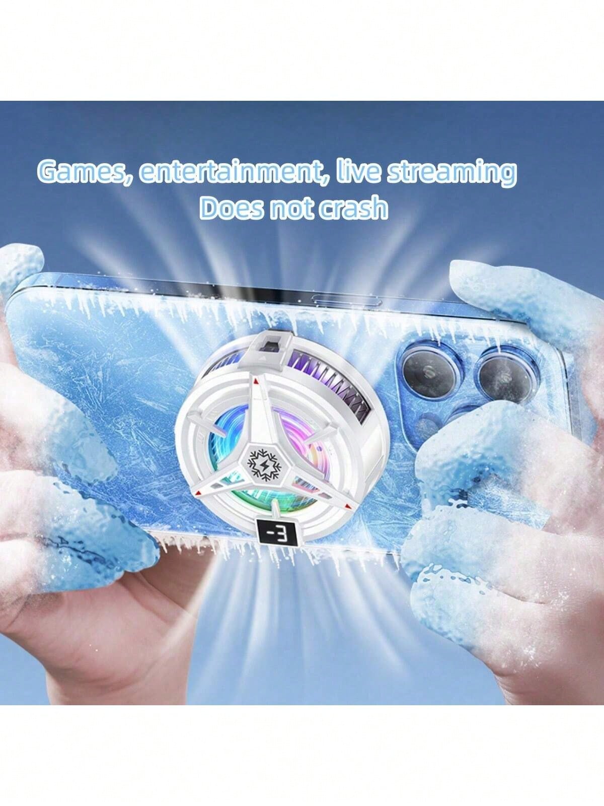 1pc Black Semiconductor Cooling Icing Phone Cooler Fan With Digital Display, Magnetic Adsorption, Compatible With Android & IOS Phones, Tablets, Gaming, Live Streaming, RGB Lights, 5V 3A Cooling Techn