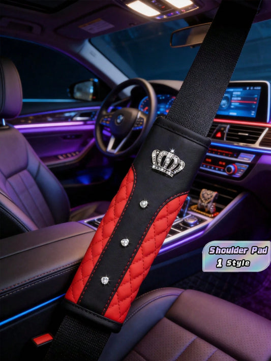 1pc Bling-Bling Crown And Rhinestone Leather Embroidery Car Seat Belt Shoulder Pad, Comfortable And