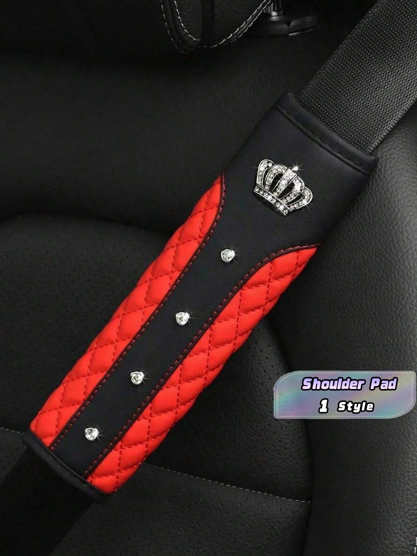 1pc Bling-Bling Crown And Rhinestone Leather Embroidery Car Seat Belt Shoulder Pad, Comfortable And