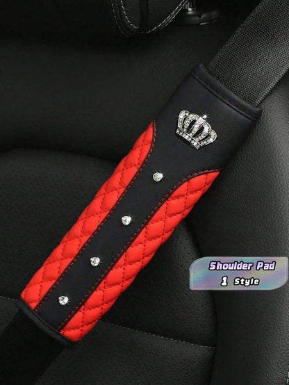 1pc Bling-Bling Crown And Rhinestone Leather Embroidery Car Seat Belt Shoulder Pad, Comfortable And
