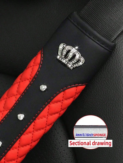 1pc Bling-Bling Crown And Rhinestone Leather Embroidery Car Seat Belt Shoulder Pad, Comfortable And