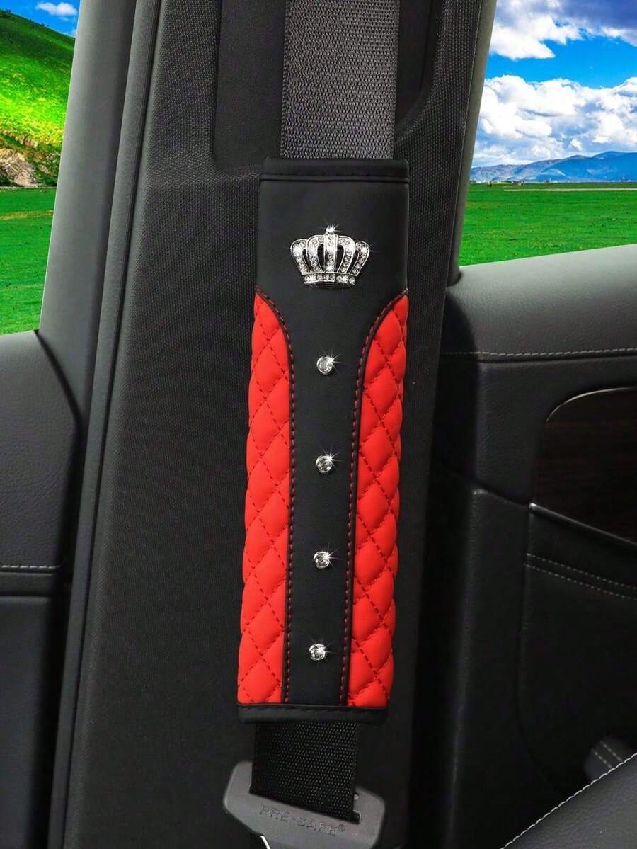 1pc Bling-Bling Crown And Rhinestone Leather Embroidery Car Seat Belt Shoulder Pad, Comfortable And