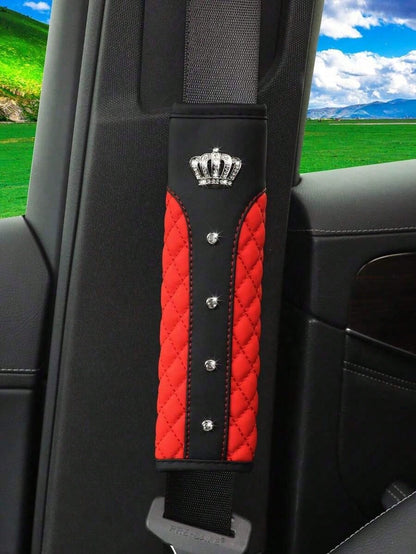 1pc Bling-Bling Crown And Rhinestone Leather Embroidery Car Seat Belt Shoulder Pad, Comfortable And
