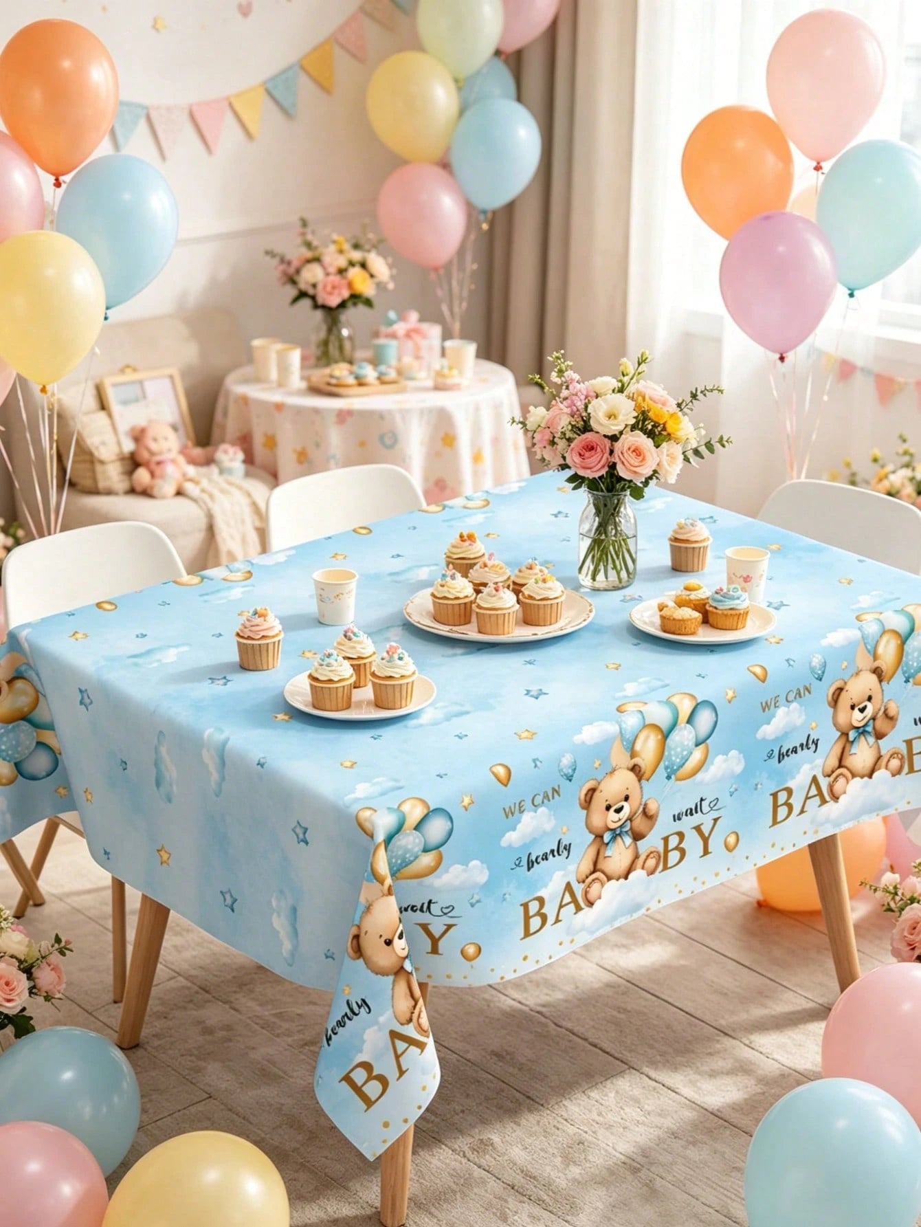1pc Blue Bear Baby Reveal Party Tablecloth, Cute Blue Balloon Bear Pattern Gender Reveal Party Decorative Tablecloth, Disposable Gender Reveal Party Tablecloth, New Baby Boy Or Girl Party Tablecloth D