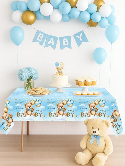 1pc Blue Bear Baby Reveal Party Tablecloth, Cute Blue Balloon Bear Pattern Gender Reveal Party Decorative Tablecloth, Disposable Gender Reveal Party Tablecloth, New Baby Boy Or Girl Party Tablecloth D