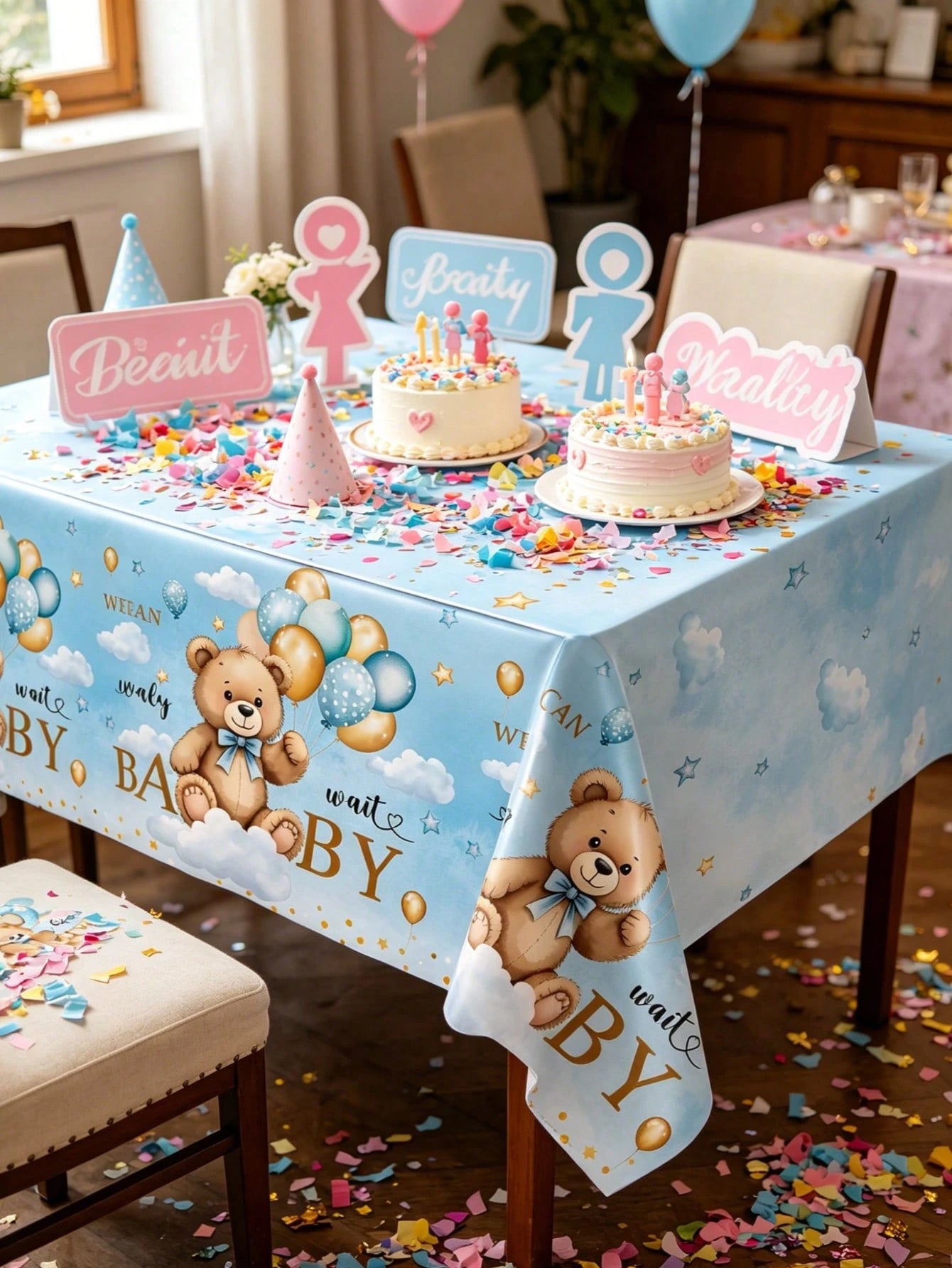 1pc Blue Bear Baby Reveal Party Tablecloth, Cute Blue Balloon Bear Pattern Gender Reveal Party Decorative Tablecloth, Disposable Gender Reveal Party Tablecloth, New Baby Boy Or Girl Party Tablecloth D