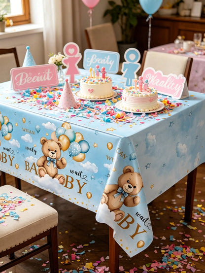 1pc Blue Bear Baby Reveal Party Tablecloth, Cute Blue Balloon Bear Pattern Gender Reveal Party Decorative Tablecloth, Disposable Gender Reveal Party Tablecloth, New Baby Boy Or Girl Party Tablecloth D