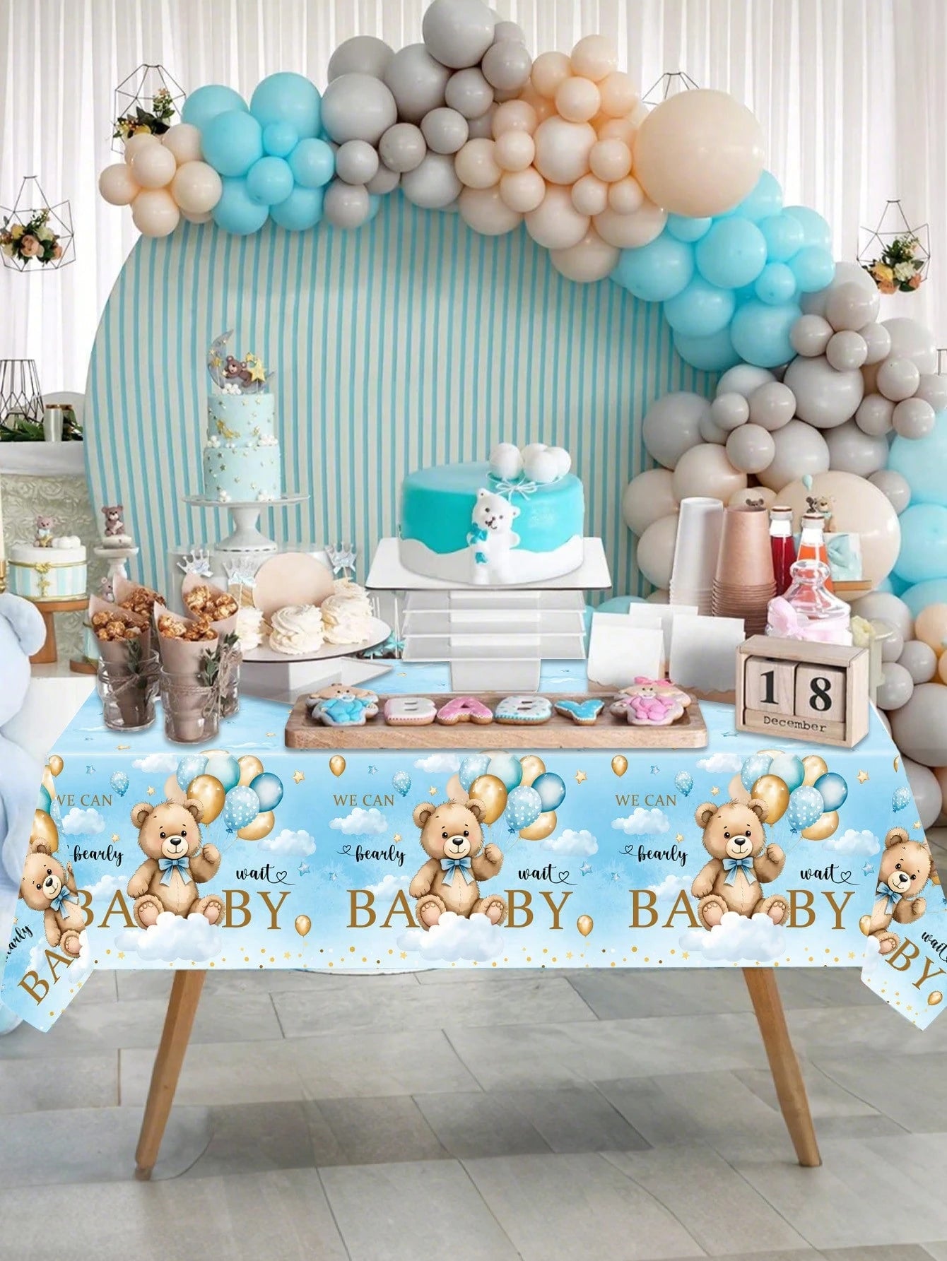 1pc Blue Bear Baby Reveal Party Tablecloth, Cute Blue Balloon Bear Pattern Gender Reveal Party Decorative Tablecloth, Disposable Gender Reveal Party Tablecloth, New Baby Boy Or Girl Party Tablecloth D