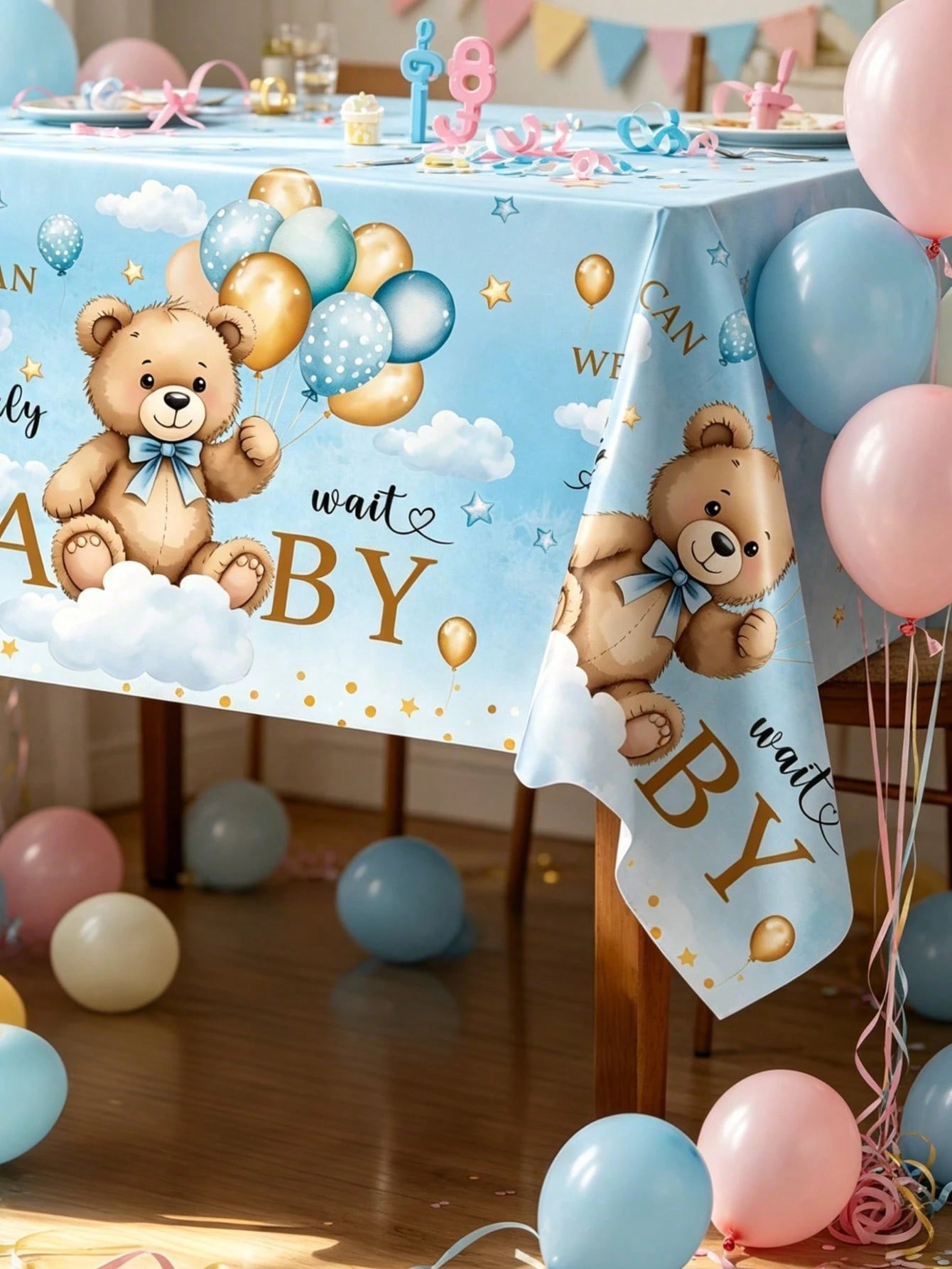 1pc Blue Bear Baby Reveal Party Tablecloth, Cute Blue Balloon Bear Pattern Gender Reveal Party Decorative Tablecloth, Disposable Gender Reveal Party Tablecloth, New Baby Boy Or Girl Party Tablecloth D