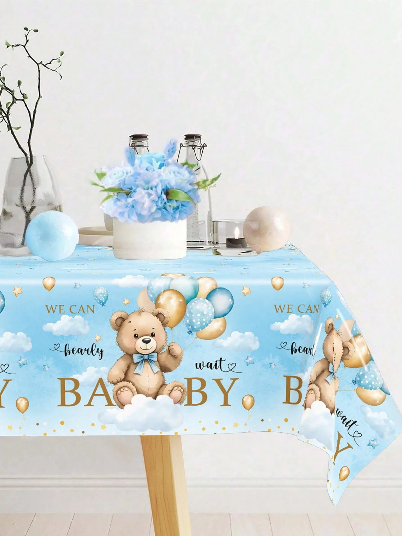 1pc Blue Bear Baby Reveal Party Tablecloth, Cute Blue Balloon Bear Pattern Gender Reveal Party Decorative Tablecloth, Disposable Gender Reveal Party Tablecloth, New Baby Boy Or Girl Party Tablecloth D
