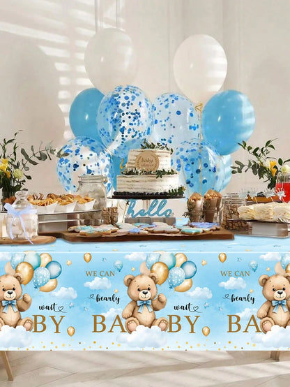 1pc Blue Bear Baby Reveal Party Tablecloth, Cute Blue Balloon Bear Pattern Gender Reveal Party Decorative Tablecloth, Disposable Gender Reveal Party Tablecloth, New Baby Boy Or Girl Party Tablecloth D