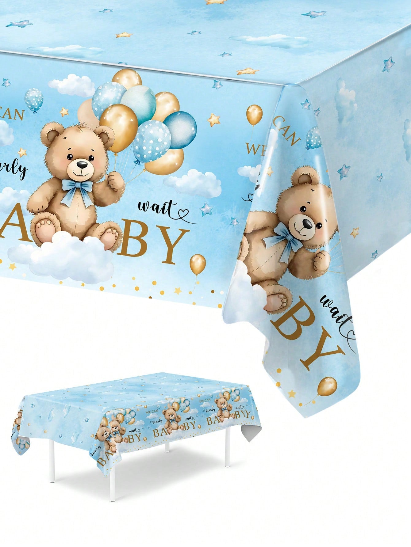 1pc Blue Bear Baby Reveal Party Tablecloth, Cute Blue Balloon Bear Pattern Gender Reveal Party Decorative Tablecloth, Disposable Gender Reveal Party Tablecloth, New Baby Boy Or Girl Party Tablecloth D