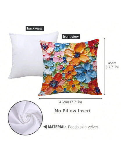 1pc Blue Oil Painting Style Bright Flower Design Peach Skin Pillow Cover, Modern Sofa Decoration Gift