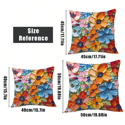 1pc Blue Oil Painting Style Bright Flower Design Peach Skin Pillow Cover, Modern Sofa Decoration Gift