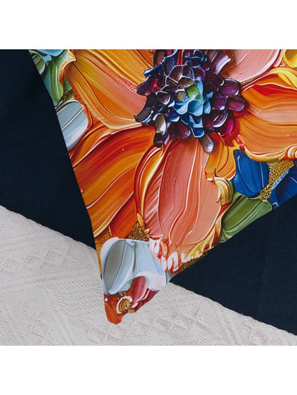 1pc Blue Oil Painting Style Bright Flower Design Peach Skin Pillow Cover, Modern Sofa Decoration Gift
