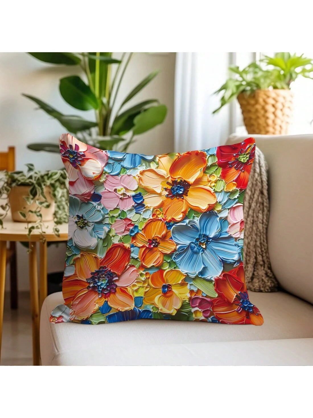 1pc Blue Oil Painting Style Bright Flower Design Peach Skin Pillow Cover, Modern Sofa Decoration Gift