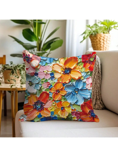1pc Blue Oil Painting Style Bright Flower Design Peach Skin Pillow Cover, Modern Sofa Decoration Gift