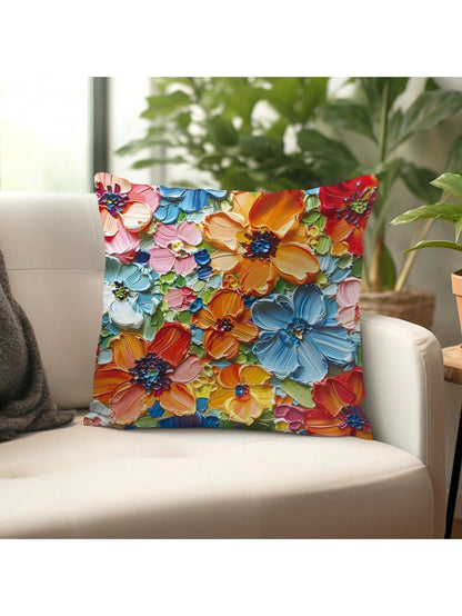 1pc Blue Oil Painting Style Bright Flower Design Peach Skin Pillow Cover, Modern Sofa Decoration Gift