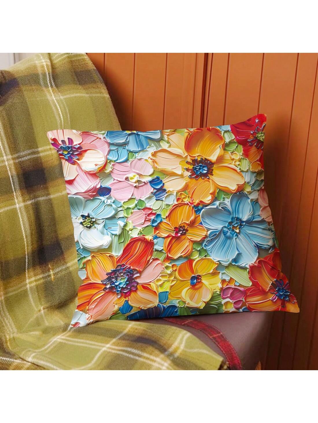 1pc Blue Oil Painting Style Bright Flower Design Peach Skin Pillow Cover, Modern Sofa Decoration Gift