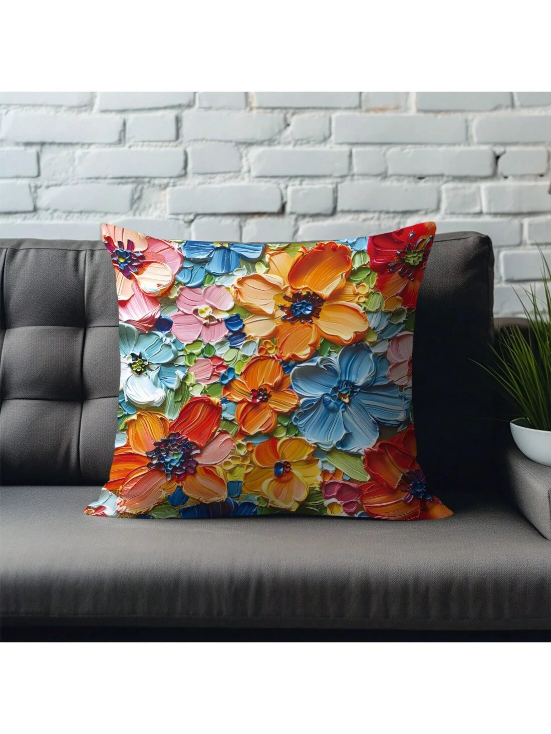 1pc Blue Oil Painting Style Bright Flower Design Peach Skin Pillow Cover, Modern Sofa Decoration Gift
