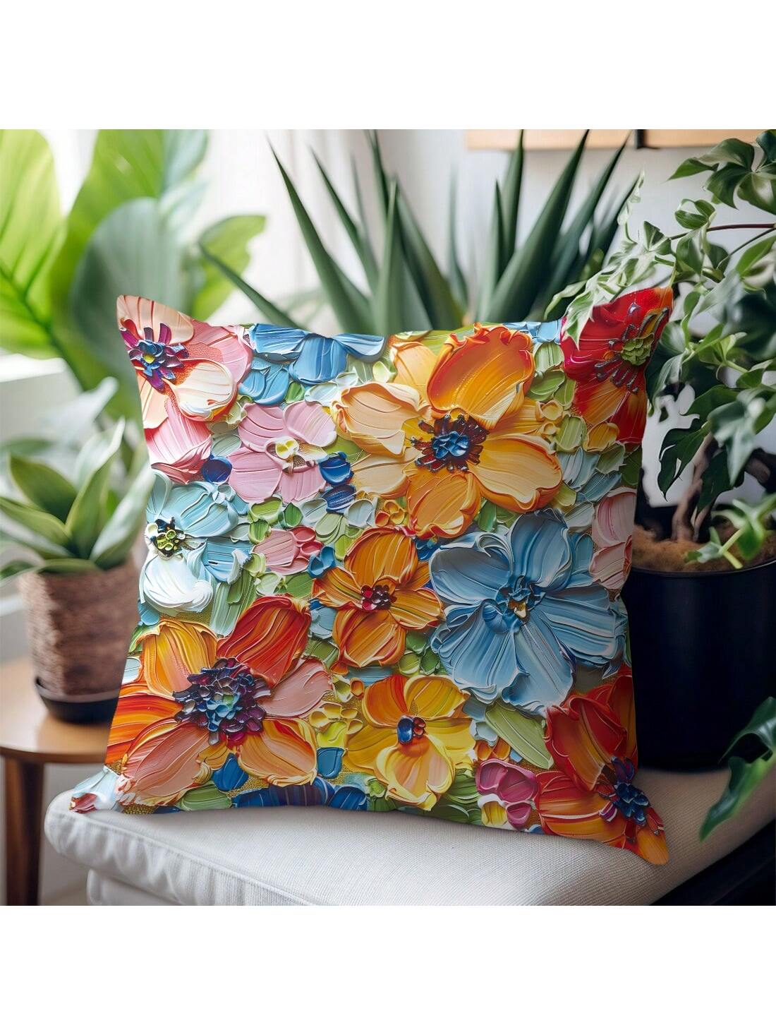 1pc Blue Oil Painting Style Bright Flower Design Peach Skin Pillow Cover, Modern Sofa Decoration Gift