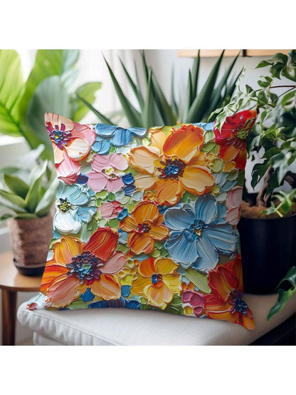 1pc Blue Oil Painting Style Bright Flower Design Peach Skin Pillow Cover, Modern Sofa Decoration Gift