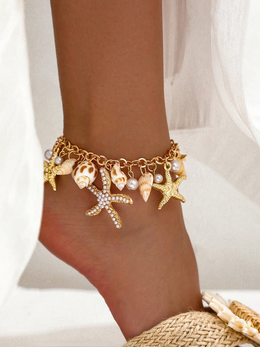 1pc Bohemian Starfish, Shell, Bead Anklet, Summer Beach Faux Pearl Vacation Anklet For Women