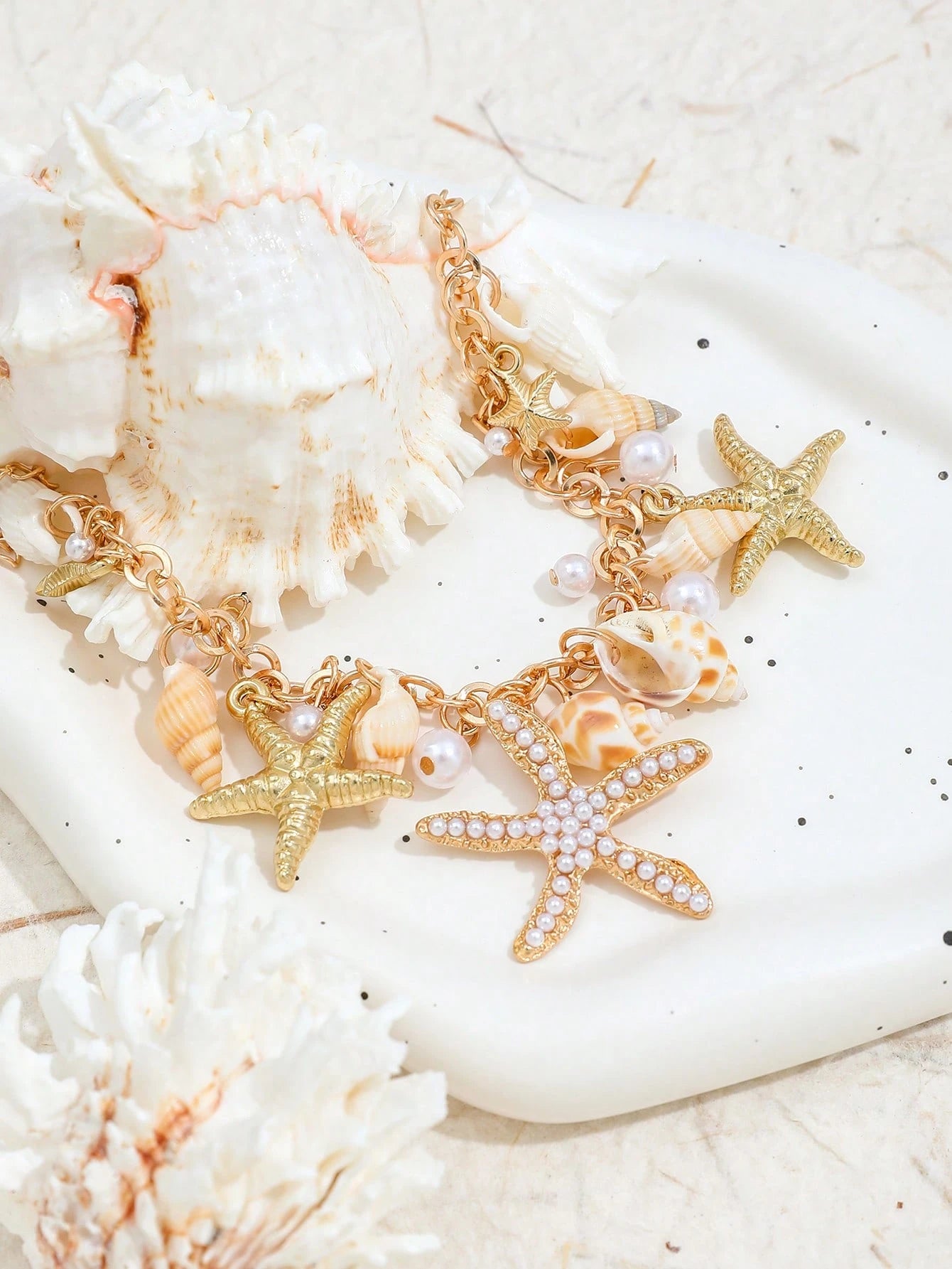 1pc Bohemian Starfish, Shell, Bead Anklet, Summer Beach Faux Pearl Vacation Anklet For Women