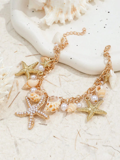 1pc Bohemian Starfish, Shell, Bead Anklet, Summer Beach Faux Pearl Vacation Anklet For Women