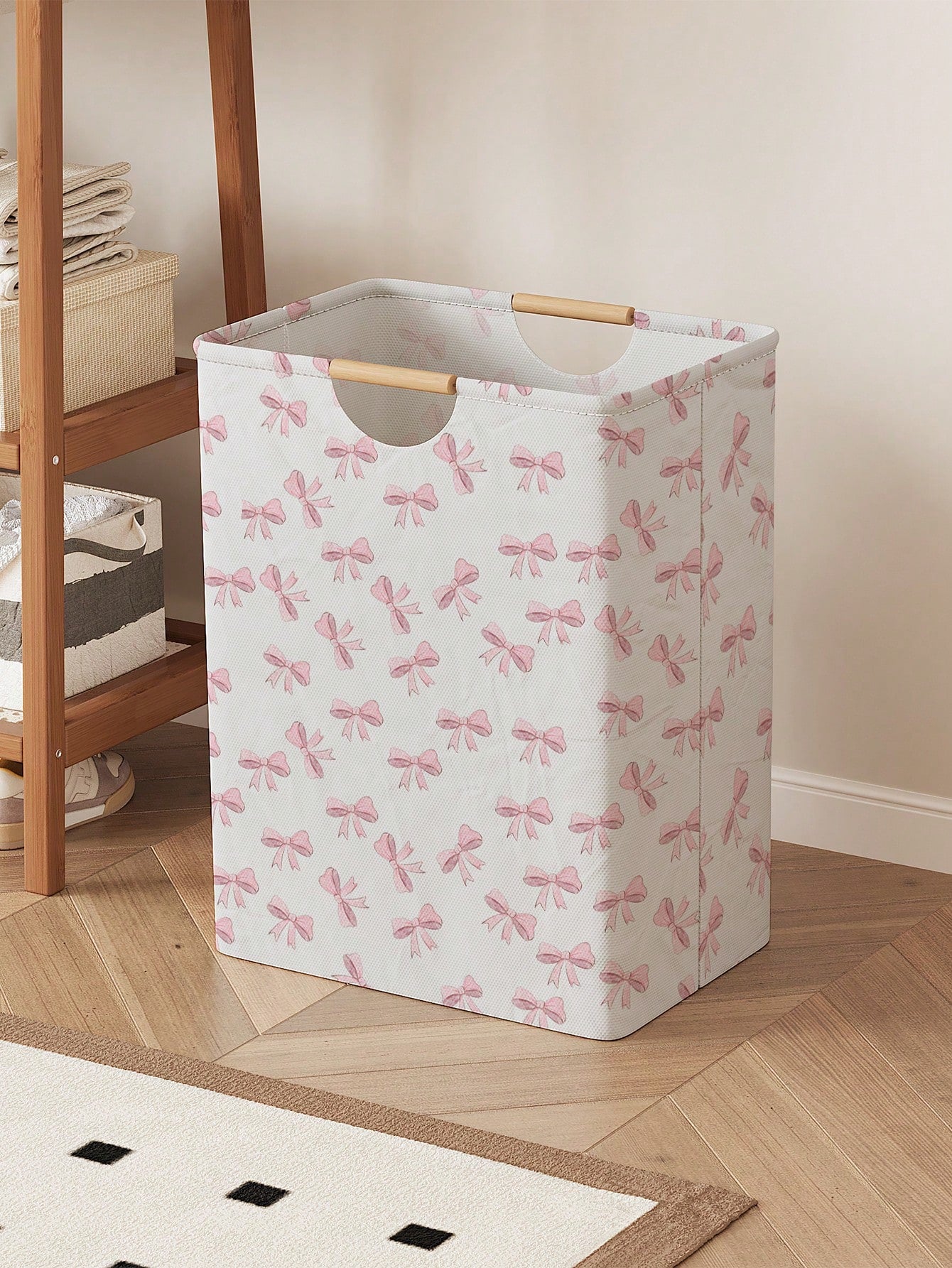 1pc Bow Print Laundry Basket, 52*36.5*24.5cm Large Capacity Fabric Dirty Clothes Storage Bin, Bedroom Decor Laundry Hamper, Bathroom Socks & Toy Organizer