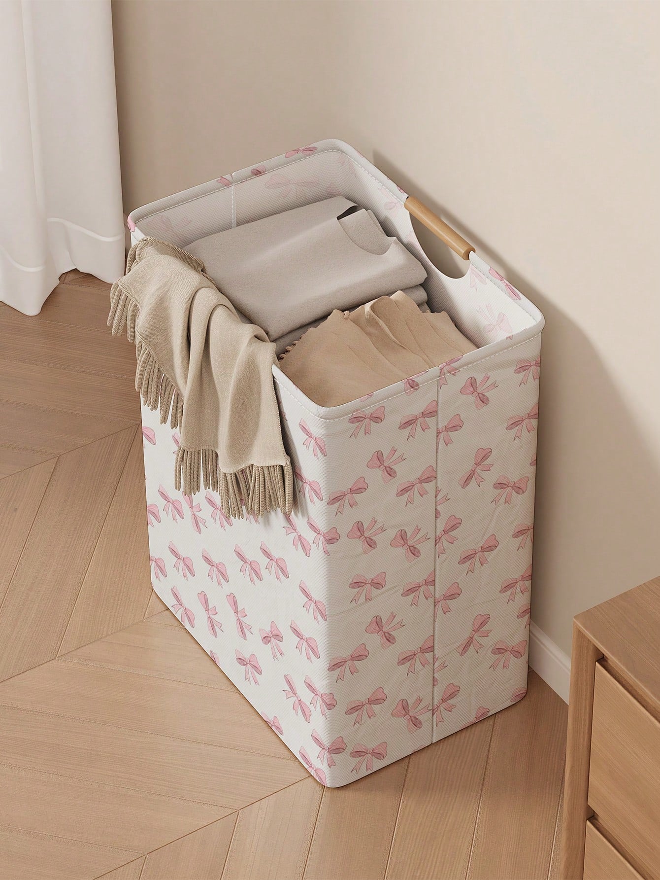 1pc Bow Print Laundry Basket, 52*36.5*24.5cm Large Capacity Fabric Dirty Clothes Storage Bin, Bedroom Decor Laundry Hamper, Bathroom Socks & Toy Organizer