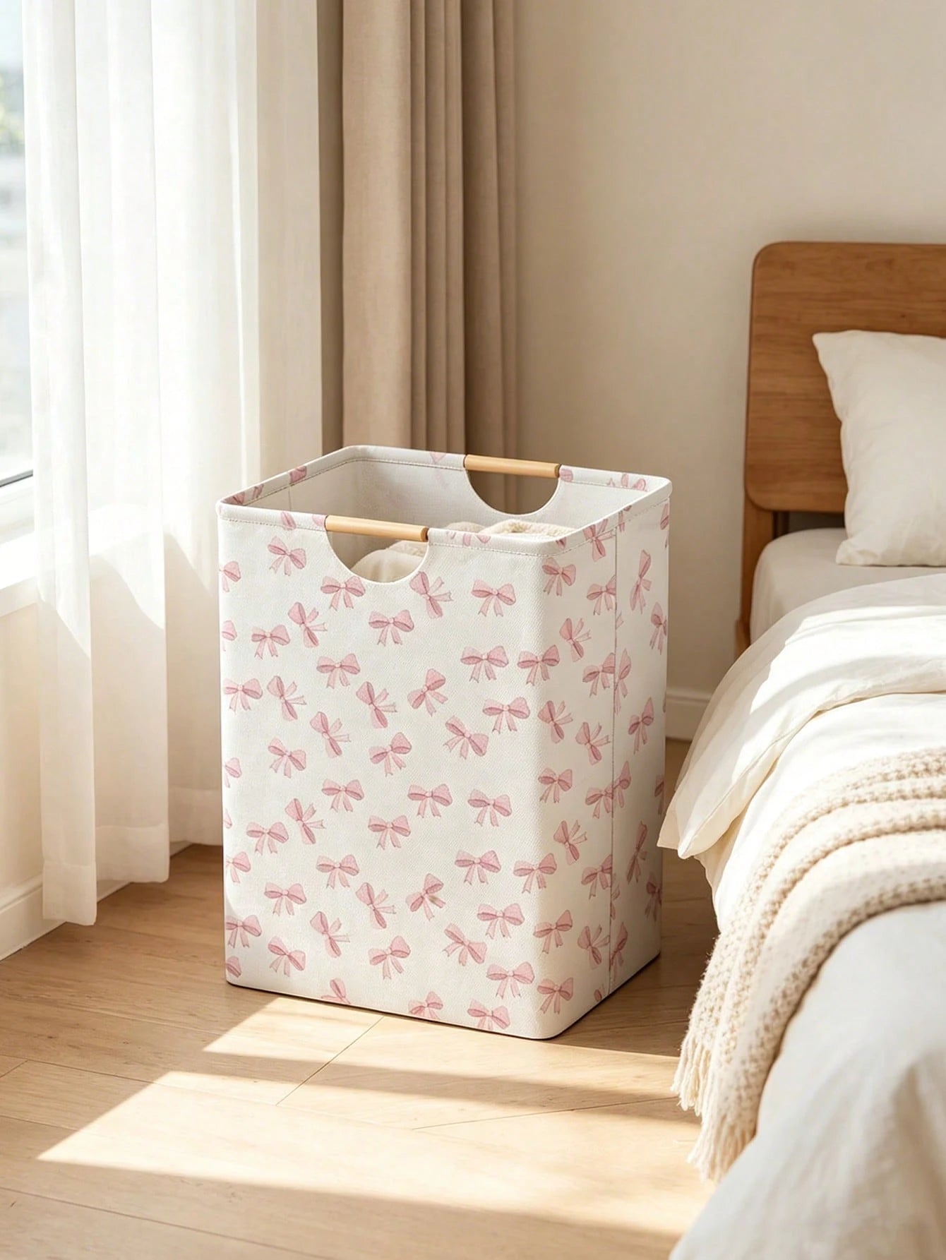 1pc Bow Print Laundry Basket, 52*36.5*24.5cm Large Capacity Fabric Dirty Clothes Storage Bin, Bedroom Decor Laundry Hamper, Bathroom Socks & Toy Organizer