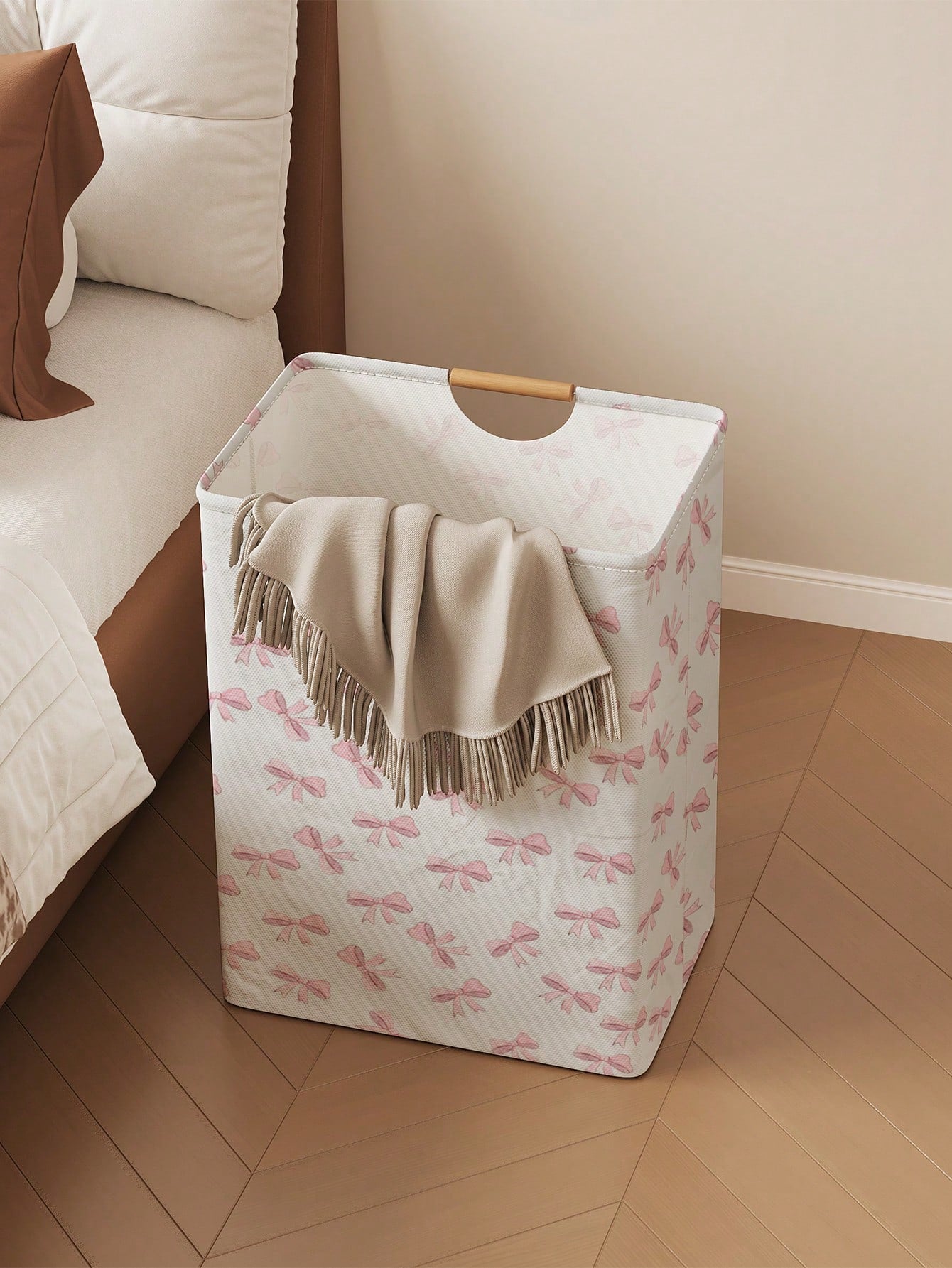 1pc Bow Print Laundry Basket, 52*36.5*24.5cm Large Capacity Fabric Dirty Clothes Storage Bin, Bedroom Decor Laundry Hamper, Bathroom Socks & Toy Organizer
