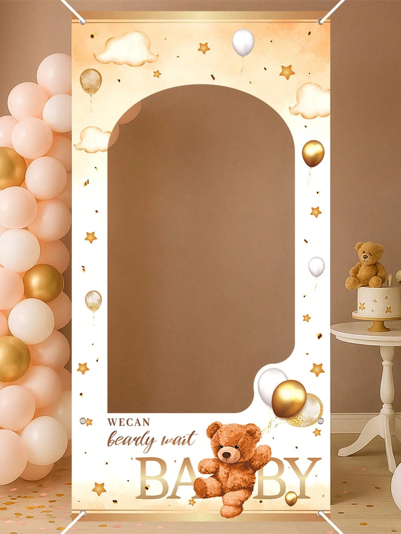 1pc Brown Bear Baby Shower Photo Frame, Cute Brown Bear Design Hanging Banner Suitable For Gender Reveal Party Photography Commemorative Decoration Frame, "We Can't Wait For Baby" Sign, Newborn Baby B