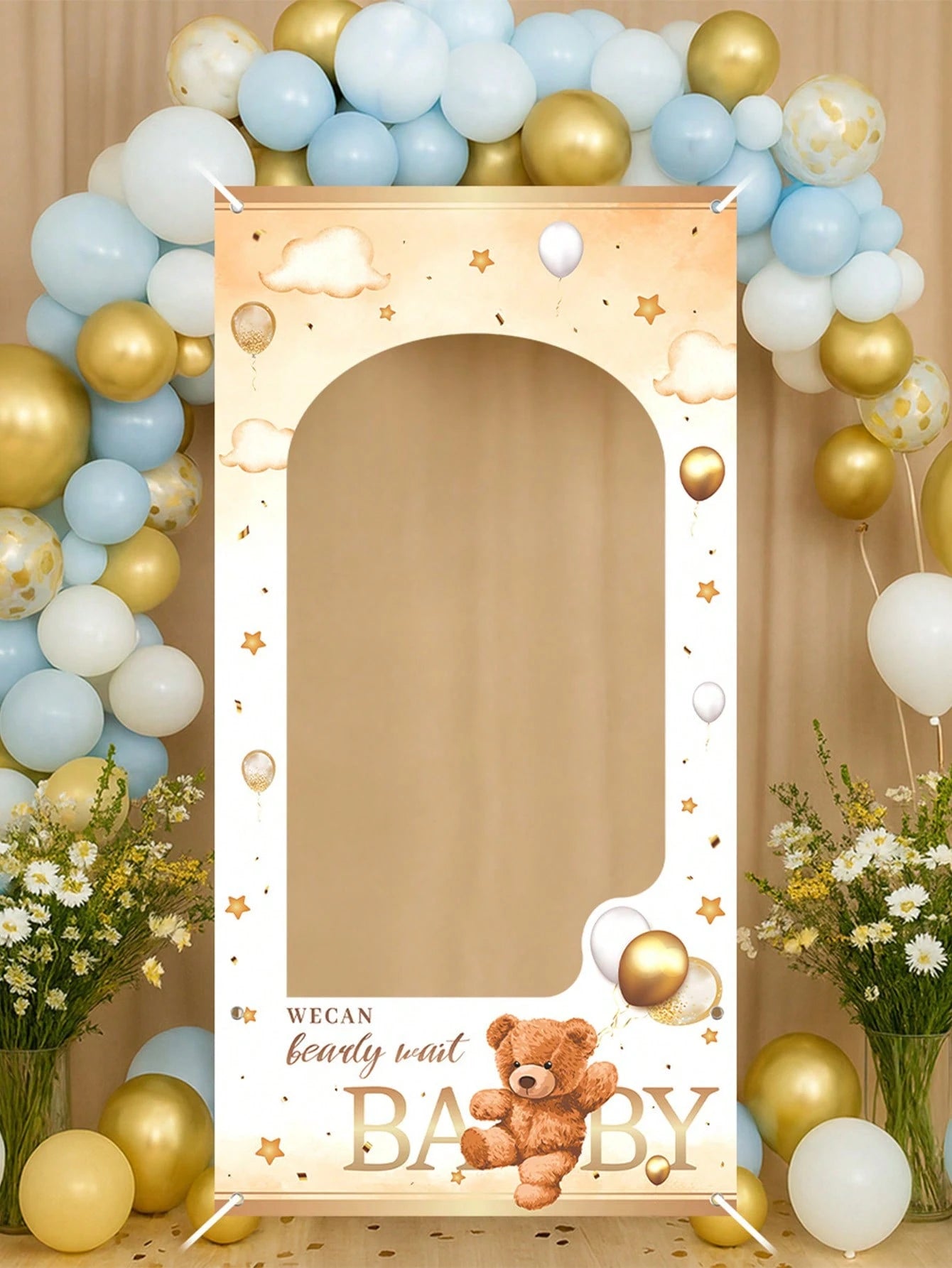 1pc Brown Bear Baby Shower Photo Frame, Cute Brown Bear Design Hanging Banner Suitable For Gender Reveal Party Photography Commemorative Decoration Frame, "We Can't Wait For Baby" Sign, Newborn Baby B