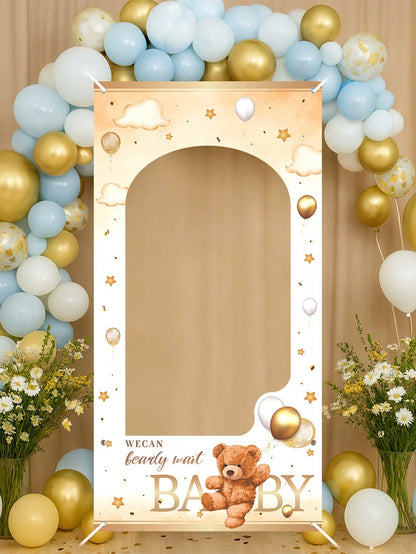 1pc Brown Bear Baby Shower Photo Frame, Cute Brown Bear Design Hanging Banner Suitable For Gender Reveal Party Photography Commemorative Decoration Frame, "We Can't Wait For Baby" Sign, Newborn Baby B